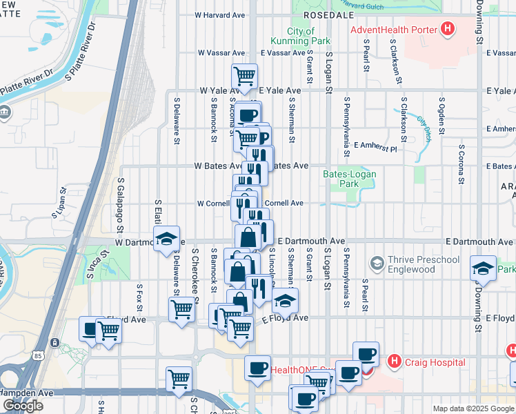 map of restaurants, bars, coffee shops, grocery stores, and more near 3041 South Broadway in Englewood