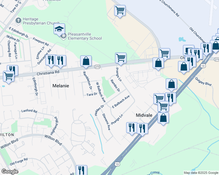 map of restaurants, bars, coffee shops, grocery stores, and more near 72 Holden Drive in New Castle