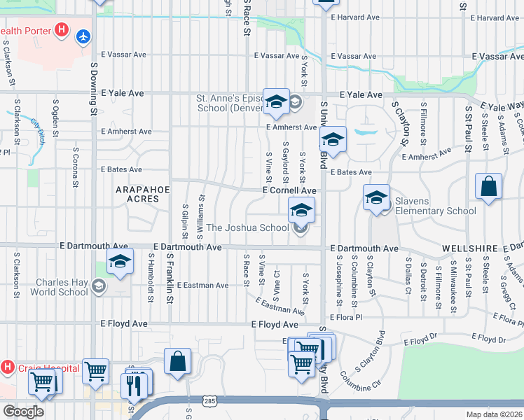 map of restaurants, bars, coffee shops, grocery stores, and more near 2115 East Dartmouth Circle in Englewood