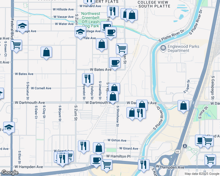 map of restaurants, bars, coffee shops, grocery stores, and more near 3030 South Tejon Street in Englewood