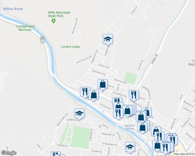 map of restaurants, bars, coffee shops, grocery stores, and more near 801 Shriver Avenue in Cumberland