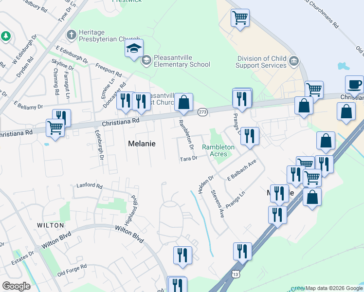 map of restaurants, bars, coffee shops, grocery stores, and more near 17 Raintree Drive in New Castle