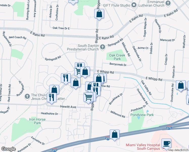 map of restaurants, bars, coffee shops, grocery stores, and more near 5536 Bigger Road in Kettering