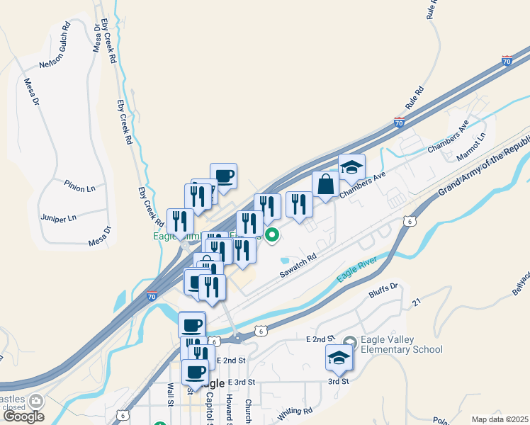 map of restaurants, bars, coffee shops, grocery stores, and more near 725 Chambers Avenue in Eagle
