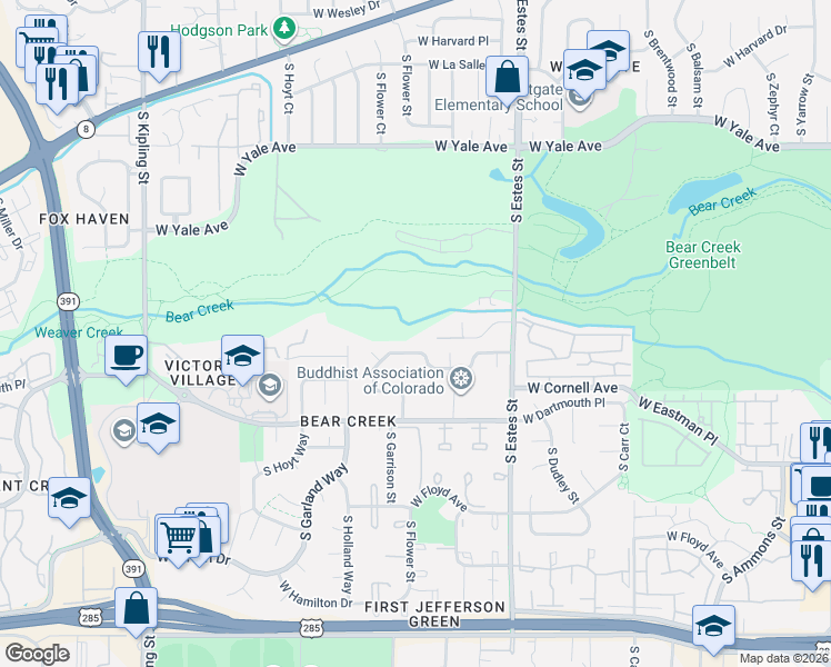 map of restaurants, bars, coffee shops, grocery stores, and more near 9074 West Cornell Place in Lakewood