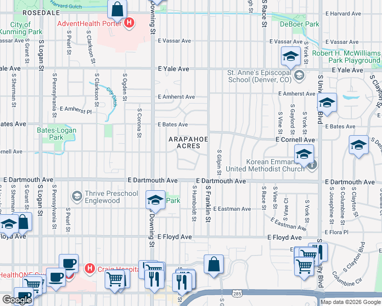 map of restaurants, bars, coffee shops, grocery stores, and more near 3069 South Cornell Circle in Englewood