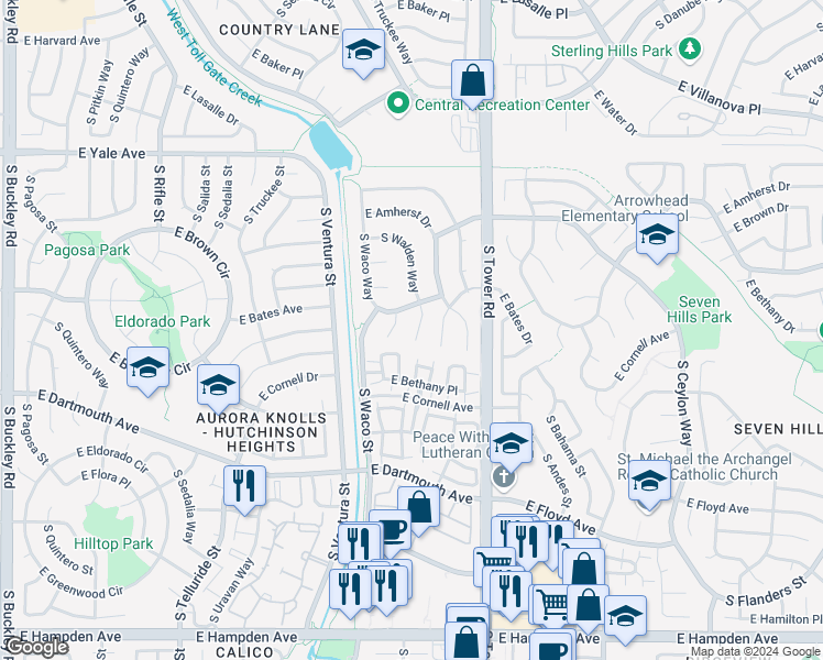 map of restaurants, bars, coffee shops, grocery stores, and more near 2883 South Walden Way in Aurora