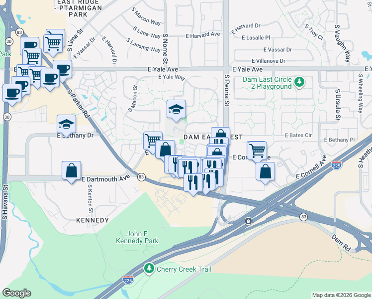 map of restaurants, bars, coffee shops, grocery stores, and more near 11833 East Cornell Circle in Aurora