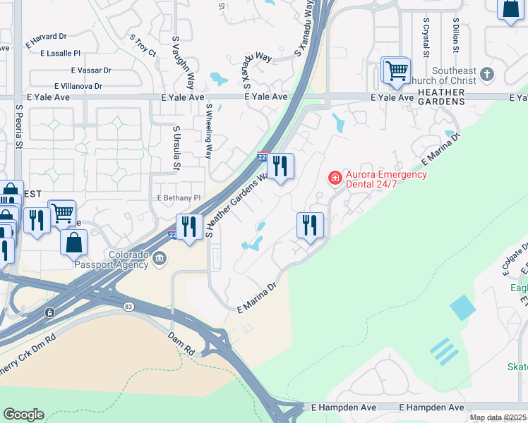 map of restaurants, bars, coffee shops, grocery stores, and more near 13626 East Bates Avenue in Aurora