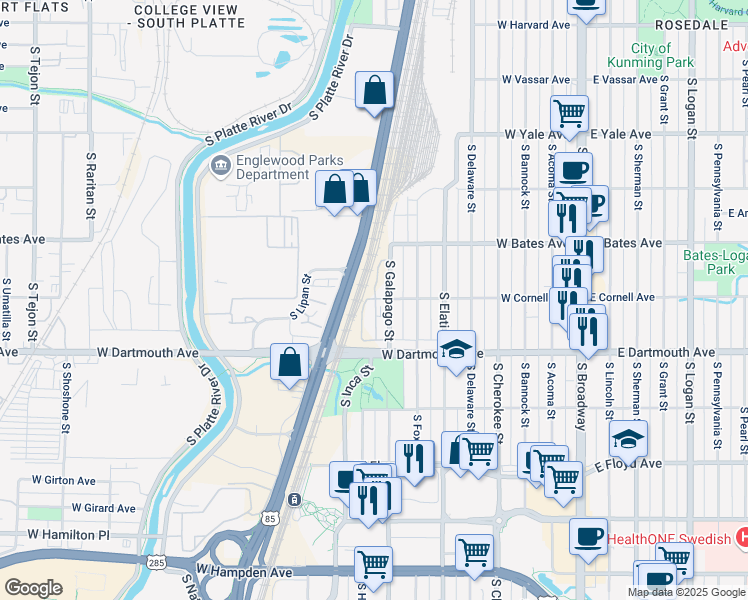 map of restaurants, bars, coffee shops, grocery stores, and more near 775 West Dartmouth Avenue in Englewood