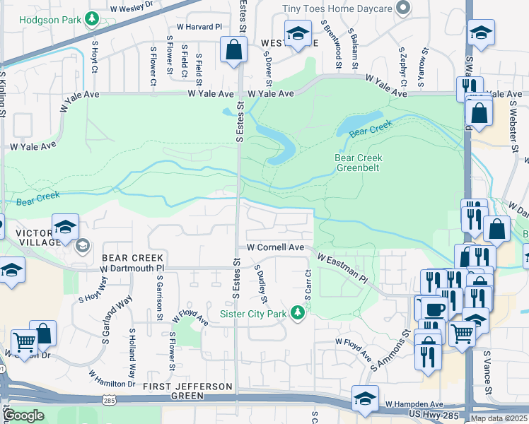 map of restaurants, bars, coffee shops, grocery stores, and more near 8763 West Cornell Avenue in Lakewood