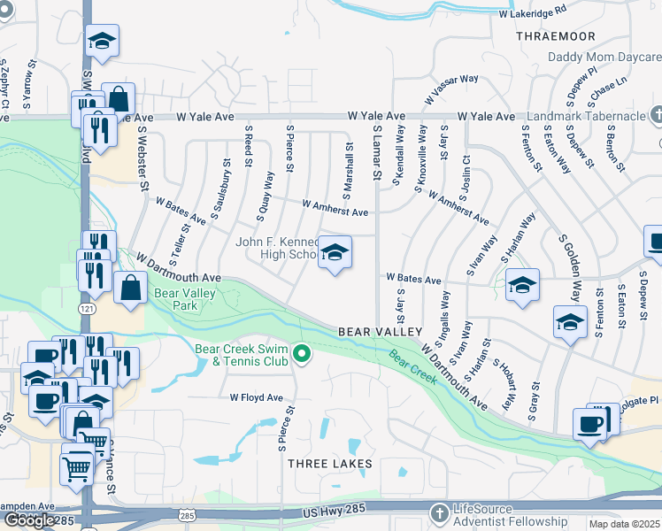 map of restaurants, bars, coffee shops, grocery stores, and more near 2855 South Lamar Street in Denver