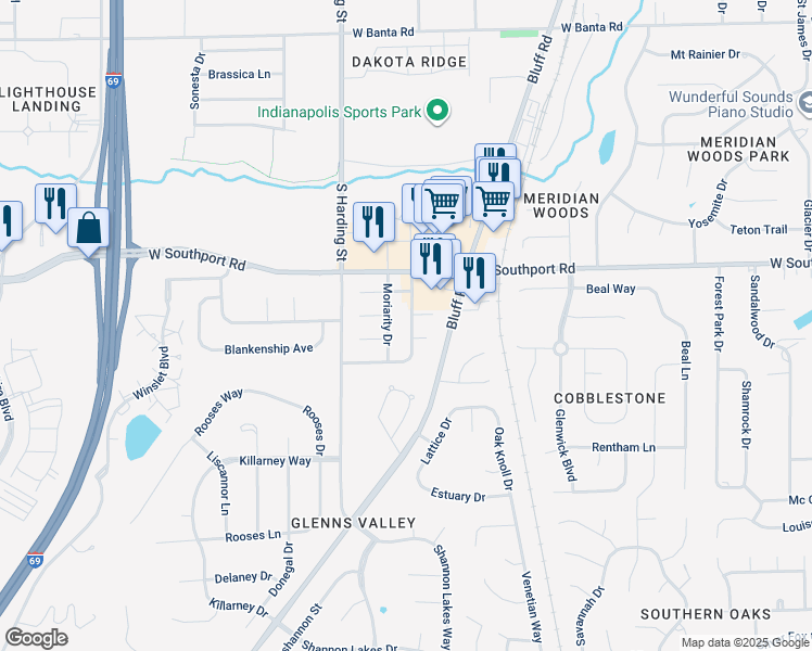 map of restaurants, bars, coffee shops, grocery stores, and more near 7110 Tassel Meadow Drive in Indianapolis