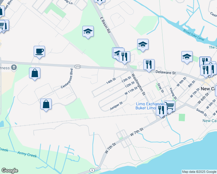 map of restaurants, bars, coffee shops, grocery stores, and more near 733 12th Street in New Castle