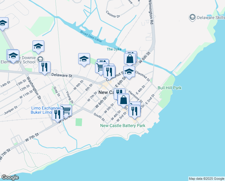 map of restaurants, bars, coffee shops, grocery stores, and more near 1 East 6th Street in New Castle