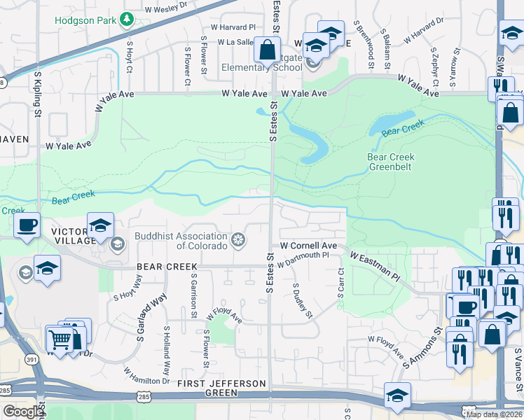 map of restaurants, bars, coffee shops, grocery stores, and more near 8830 West Bear Creek Drive in Lakewood