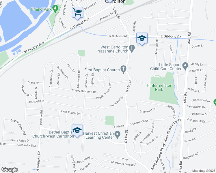 map of restaurants, bars, coffee shops, grocery stores, and more near 645 Peach Orchard Drive in West Carrollton