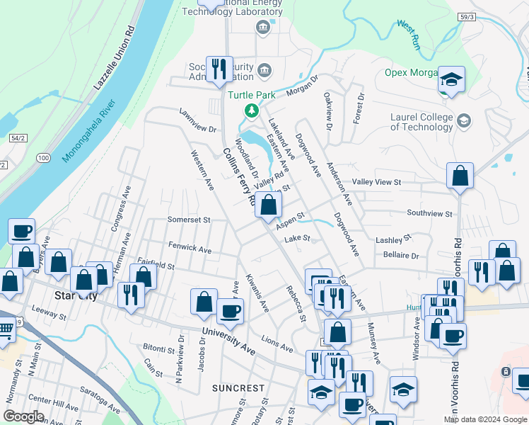 map of restaurants, bars, coffee shops, grocery stores, and more near 3406 Collins Ferry Road in Morgantown