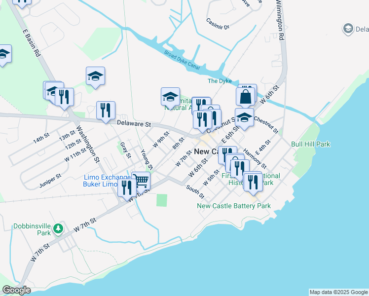 map of restaurants, bars, coffee shops, grocery stores, and more near 703 Tremont Street in New Castle