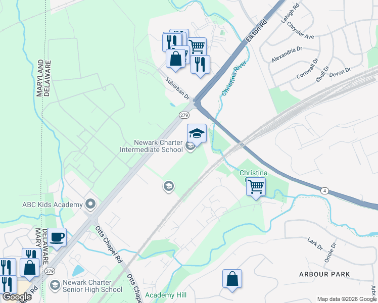 map of restaurants, bars, coffee shops, grocery stores, and more near 2001 Patriot Way in Newark