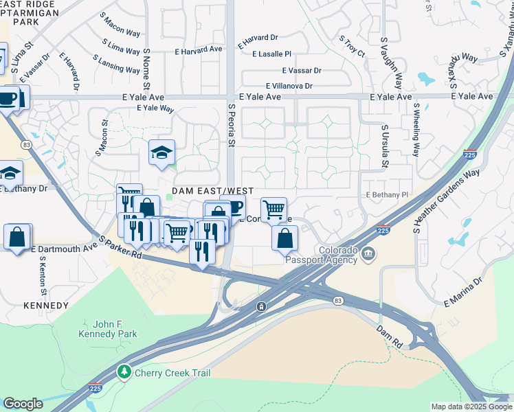 map of restaurants, bars, coffee shops, grocery stores, and more near 12266 East Bates Circle in Aurora