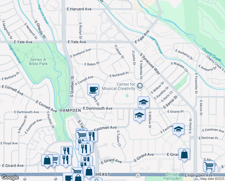 map of restaurants, bars, coffee shops, grocery stores, and more near 7850 East Cornell Avenue in Denver