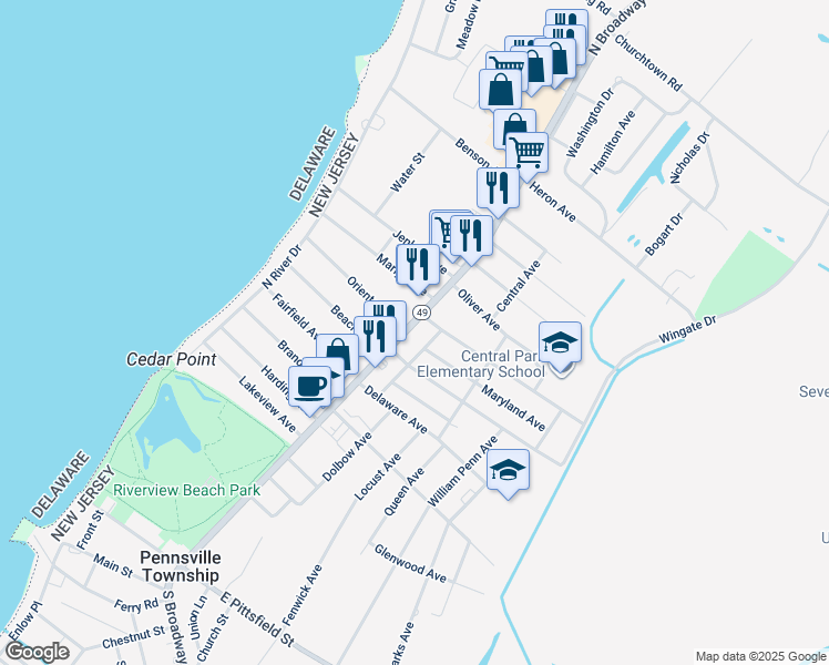 map of restaurants, bars, coffee shops, grocery stores, and more near 151 North Broadway in Pennsville