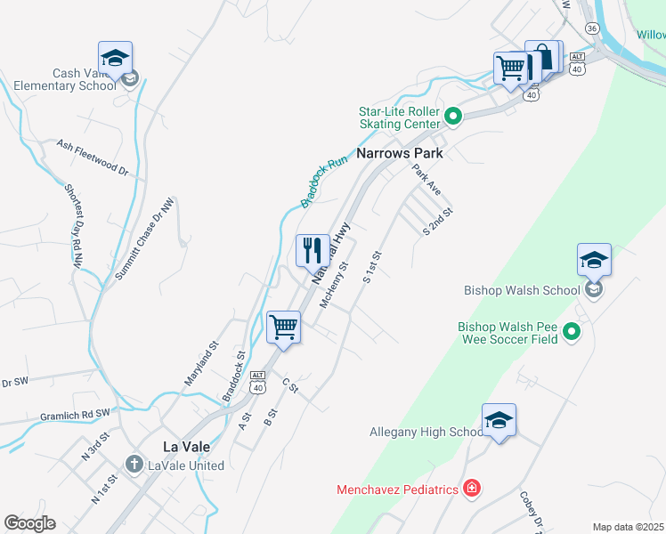 map of restaurants, bars, coffee shops, grocery stores, and more near 337 National Highway in La Vale