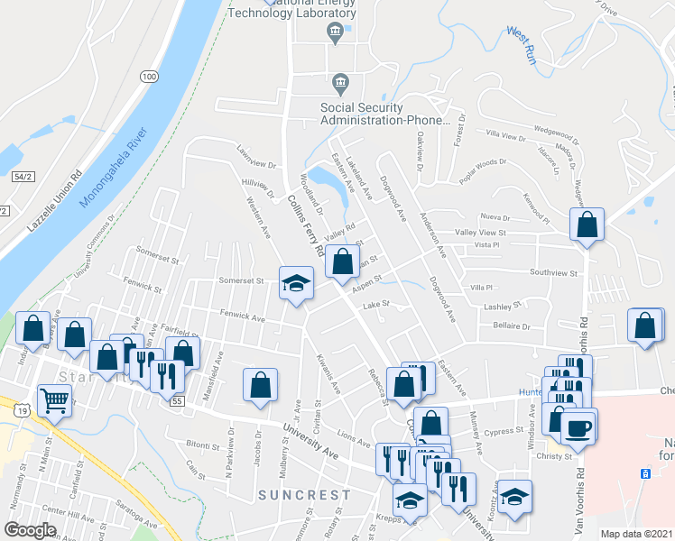 map of restaurants, bars, coffee shops, grocery stores, and more near 509 Martin Street in Morgantown
