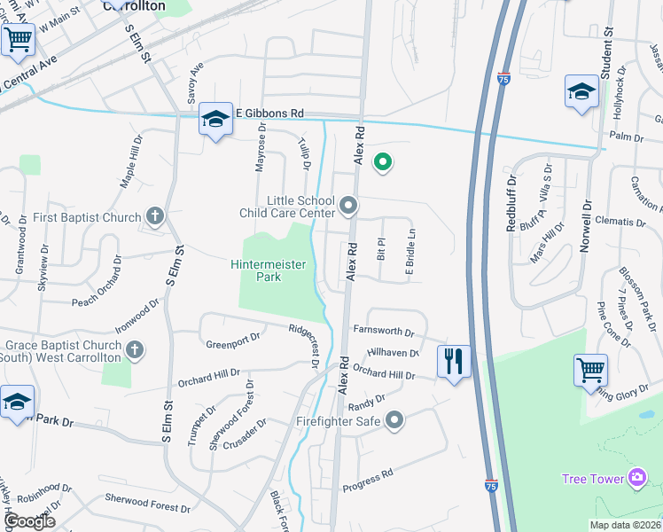 map of restaurants, bars, coffee shops, grocery stores, and more near 1125 Bishop Drive in Dayton