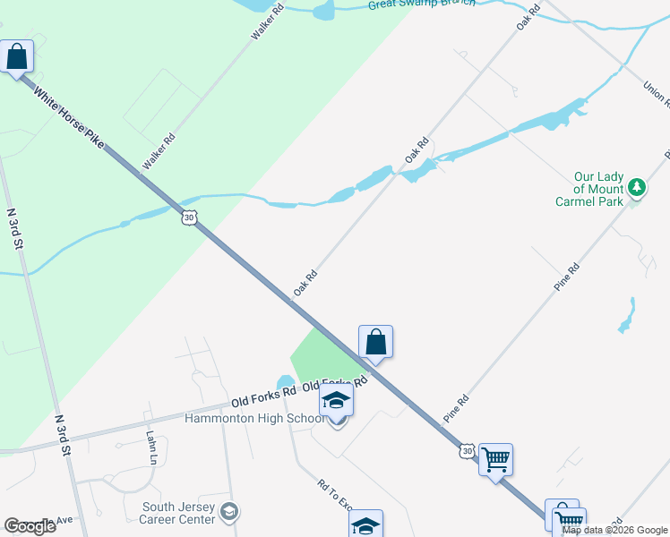 map of restaurants, bars, coffee shops, grocery stores, and more near 17 Oak Road in Hammonton