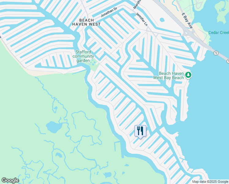 map of restaurants, bars, coffee shops, grocery stores, and more near 36 Mitzie Lane in Stafford Township