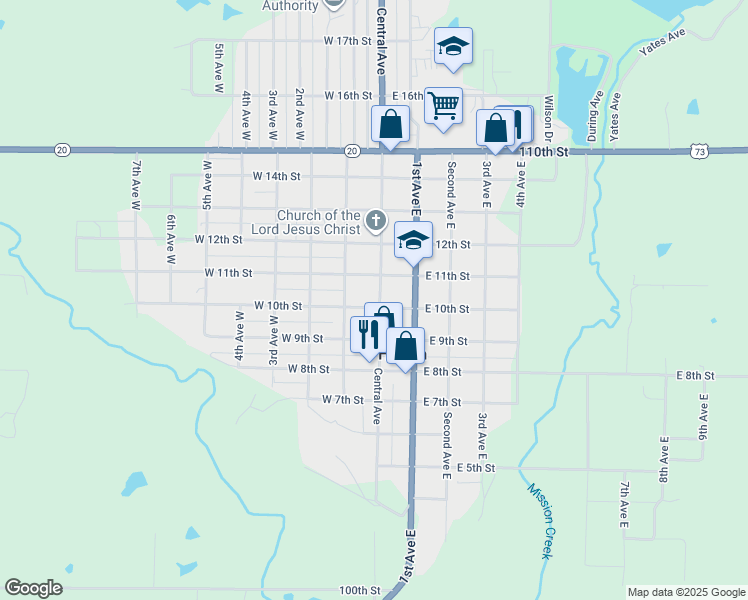 map of restaurants, bars, coffee shops, grocery stores, and more near 1001 Central Avenue in Horton