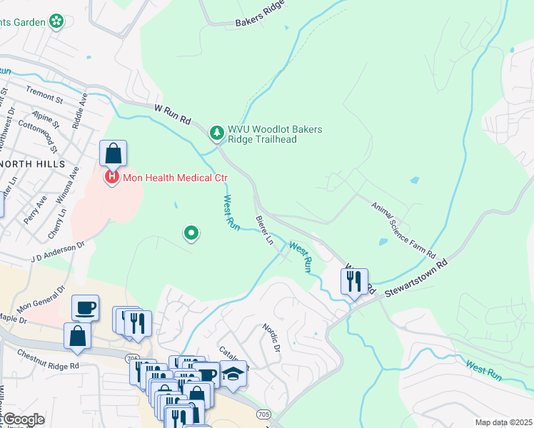 map of restaurants, bars, coffee shops, grocery stores, and more near County Route 67/1 in Morgantown
