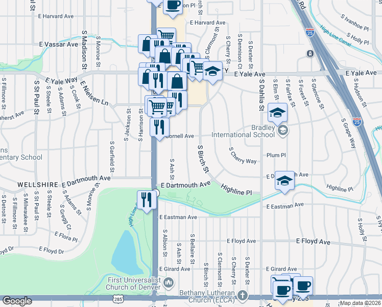 map of restaurants, bars, coffee shops, grocery stores, and more near 3015 South Birch Street in Denver