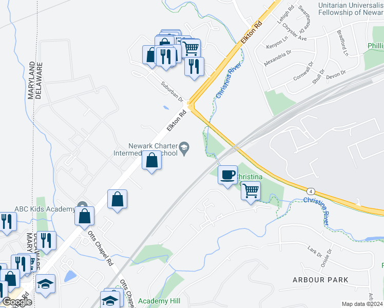 map of restaurants, bars, coffee shops, grocery stores, and more near 2001 Patriot Way in Newark