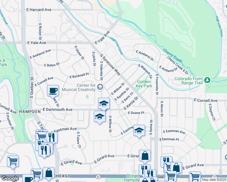 map of restaurants, bars, coffee shops, grocery stores, and more near 2972 South Wabash Street in Denver