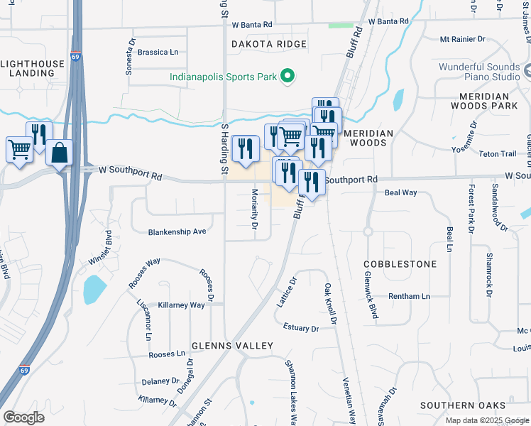 map of restaurants, bars, coffee shops, grocery stores, and more near 1345 West Southport Road in Indianapolis