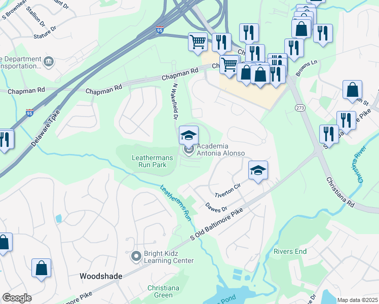 map of restaurants, bars, coffee shops, grocery stores, and more near 300 North Wakefield Drive in Newark