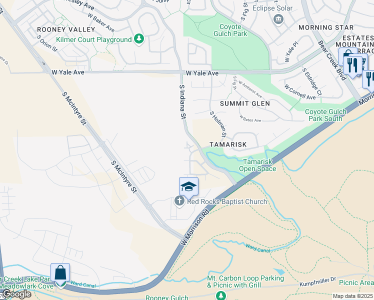 map of restaurants, bars, coffee shops, grocery stores, and more near 3085 South Indiana Street in Lakewood