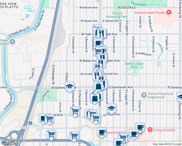 map of restaurants, bars, coffee shops, grocery stores, and more near 2960 South Bannock Street in Englewood