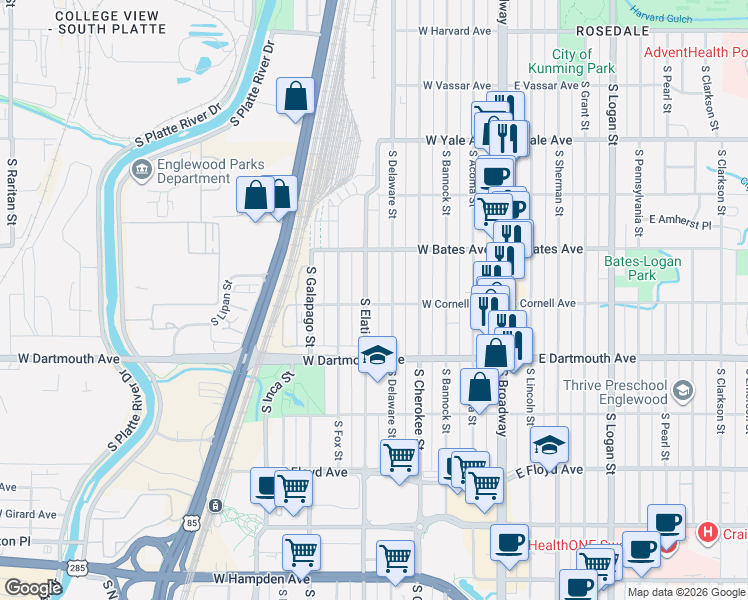map of restaurants, bars, coffee shops, grocery stores, and more near 2959 South Delaware Street in Englewood