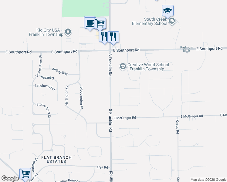 map of restaurants, bars, coffee shops, grocery stores, and more near 7237 South Franklin Road in Indianapolis