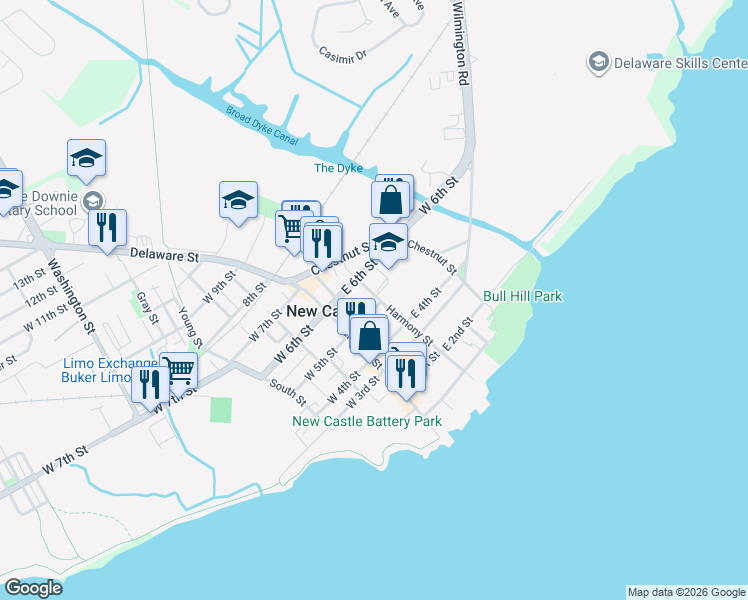 map of restaurants, bars, coffee shops, grocery stores, and more near 48 East 5th Street in New Castle