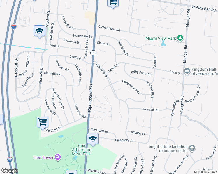map of restaurants, bars, coffee shops, grocery stores, and more near 2800 Symphony Way in Dayton