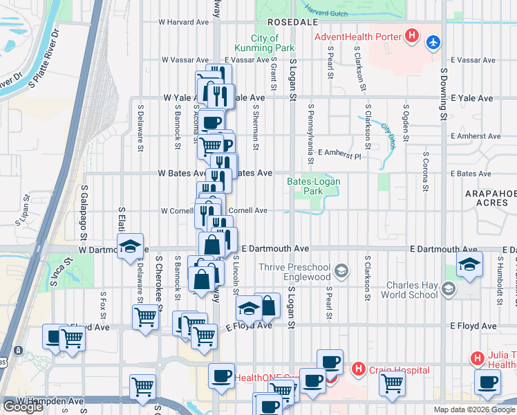 map of restaurants, bars, coffee shops, grocery stores, and more near 2964 South Sherman Street in Englewood