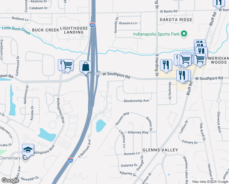 map of restaurants, bars, coffee shops, grocery stores, and more near 7042 Blankenship Avenue in Indianapolis
