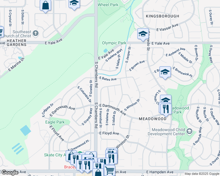 map of restaurants, bars, coffee shops, grocery stores, and more near 15459 East Cornell Avenue in Aurora