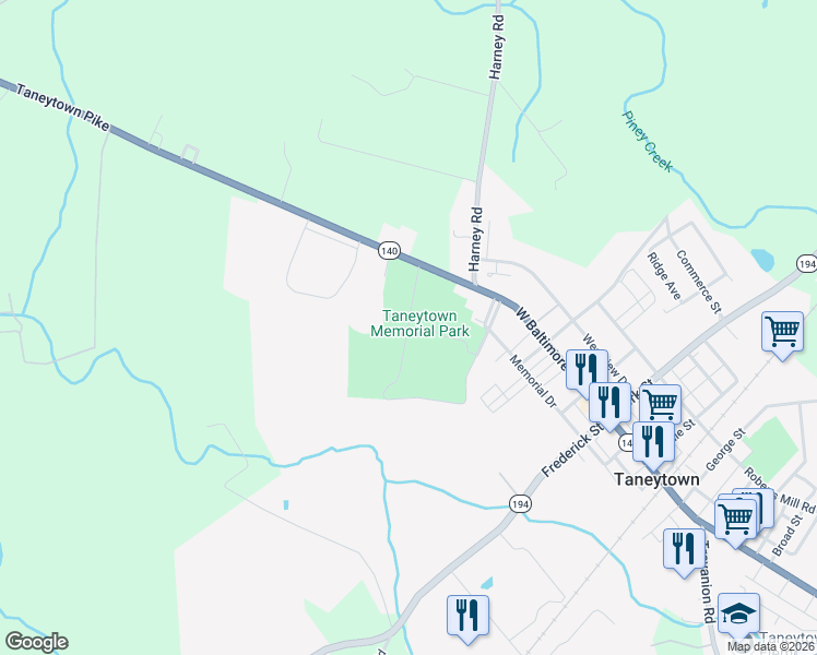 map of restaurants, bars, coffee shops, grocery stores, and more near Park Road in Taneytown