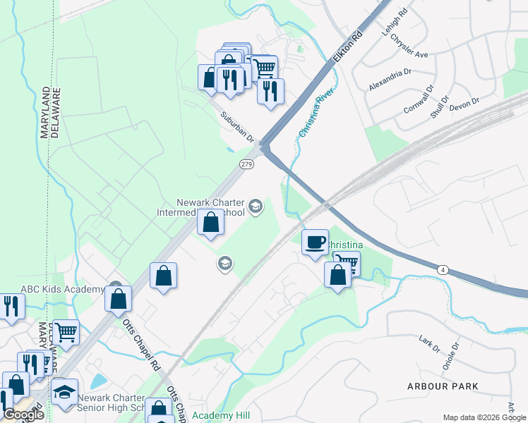 map of restaurants, bars, coffee shops, grocery stores, and more near 2001 Patriot Way in Newark